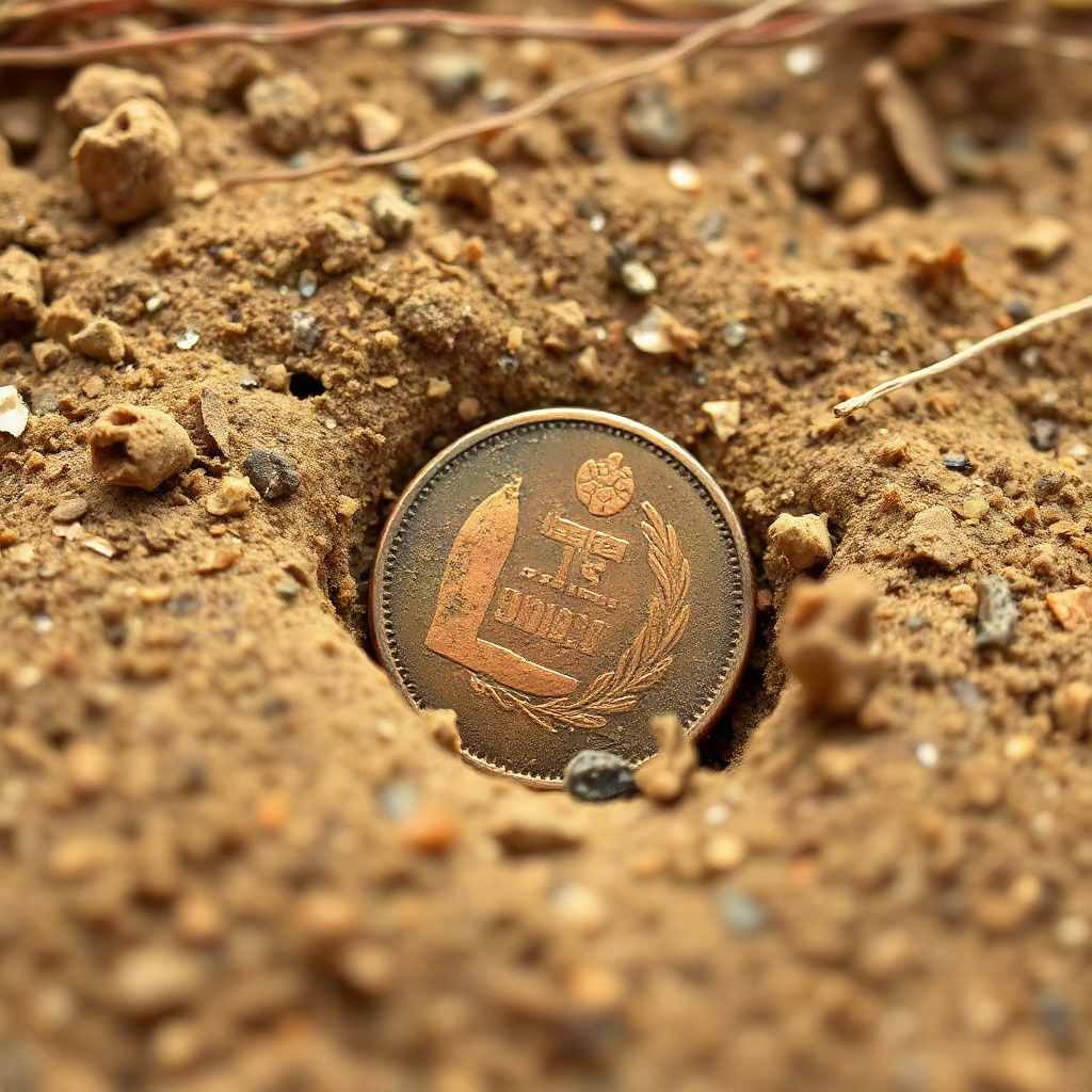 Coin in a shallow dig pit