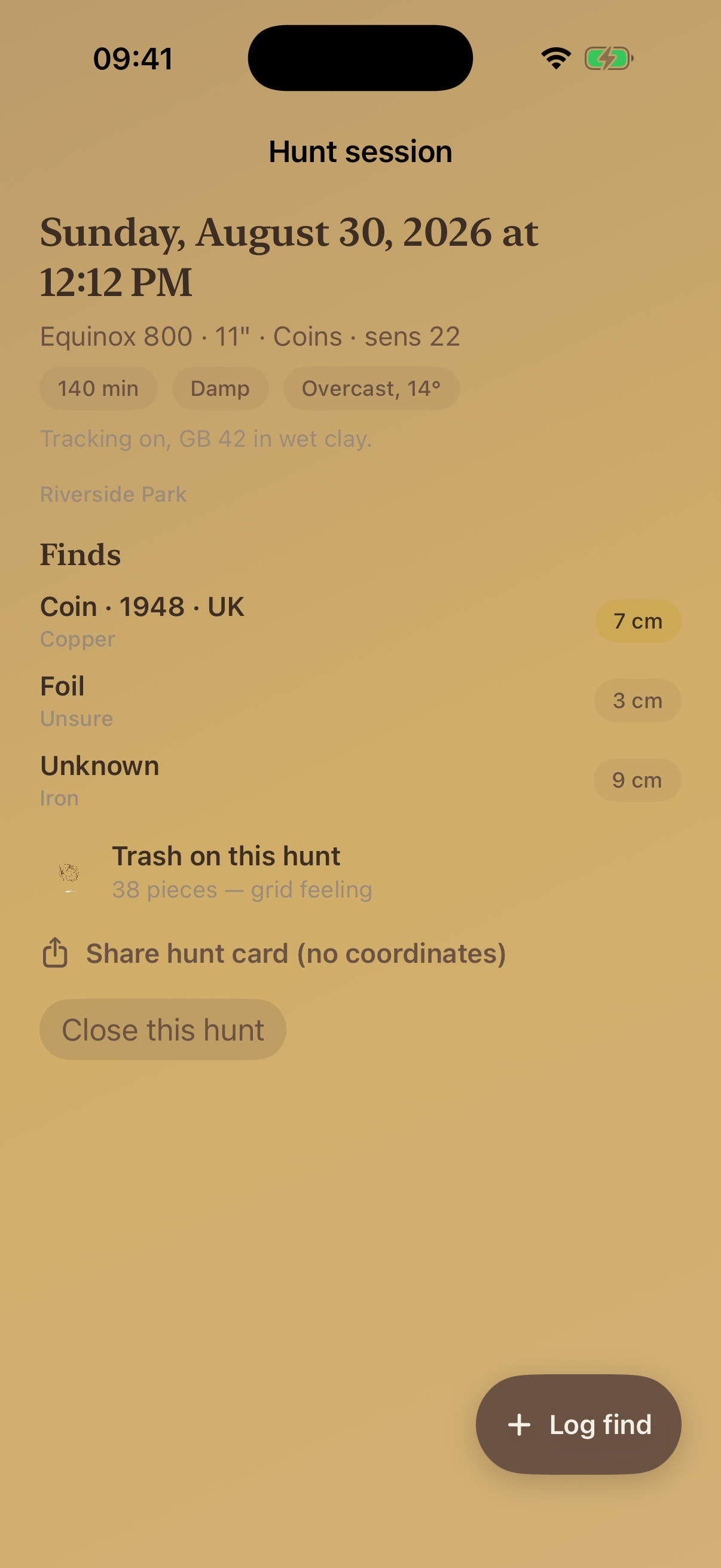 Hunt session with detector settings